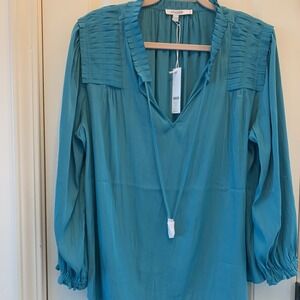 Chico's NWT Sea Island Poly Pleated Blouse Size 16 Blue Green Color